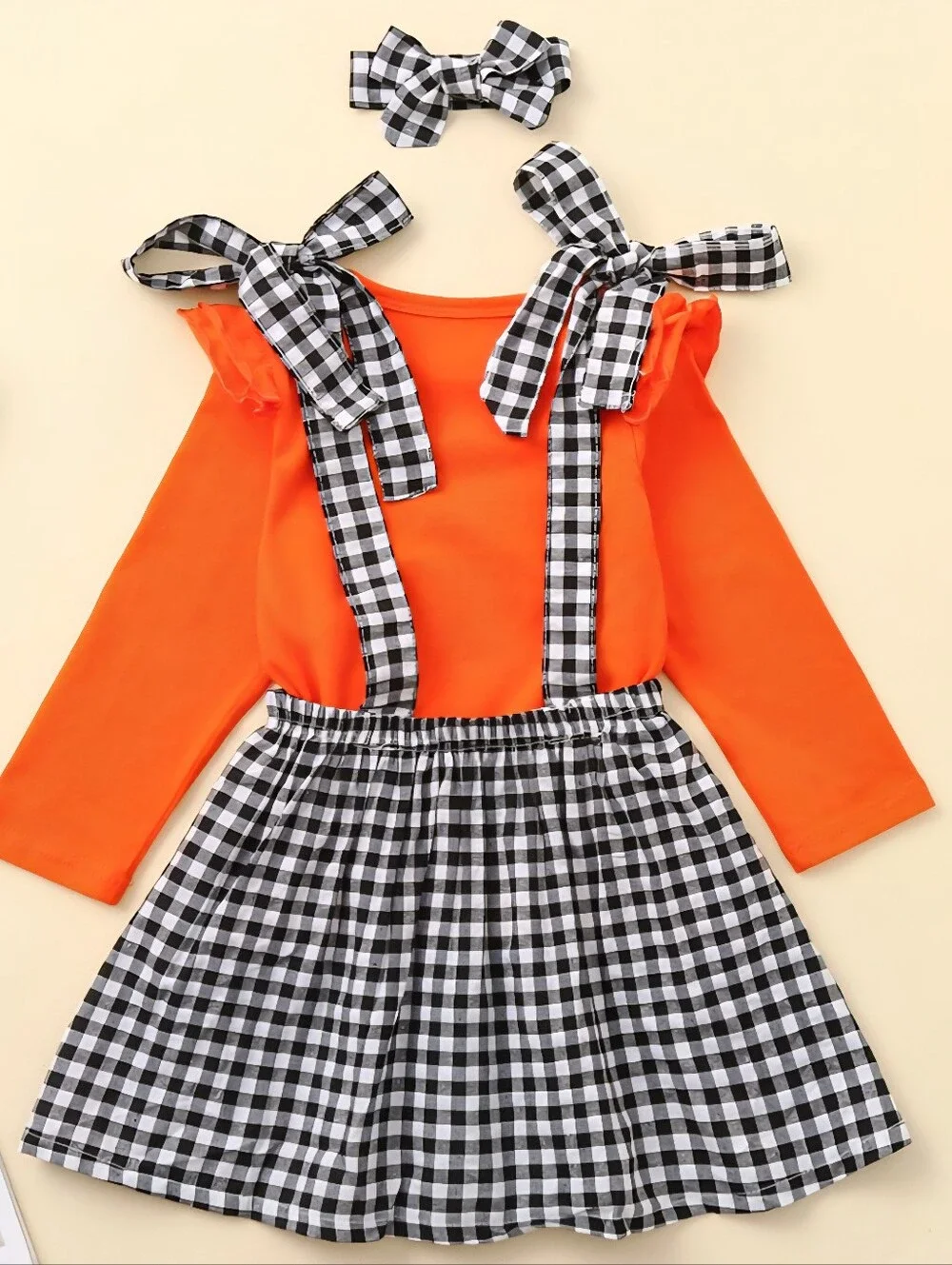 New Toddler Girls 3-Piece Pumpkin Gingham Overall Skirt Outfit Set 4/5